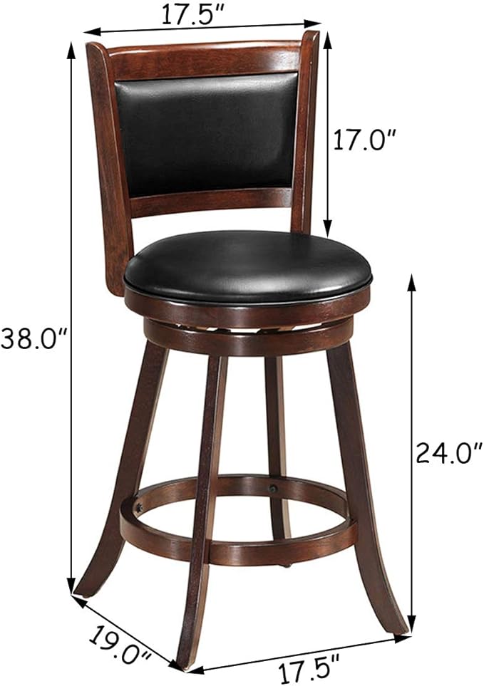 COSTWAY Bar Stools Set of 2, 360 Degree Swivel, Accent Wooden Swivel Seat Counter Height Bar Stool, Leather Upholstered Design, PVC Cushioned Seat, Perfect for Dining and Living Room (Height 24")