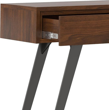 SIMPLIHOME Lowry Console Table - 60 Inch Wide Solid Walnut Veneer and Metal Sofa Table, Modern Industrial Storage Table for Entryway or Living Room with 3 Drawers and Angled Metal Legs
