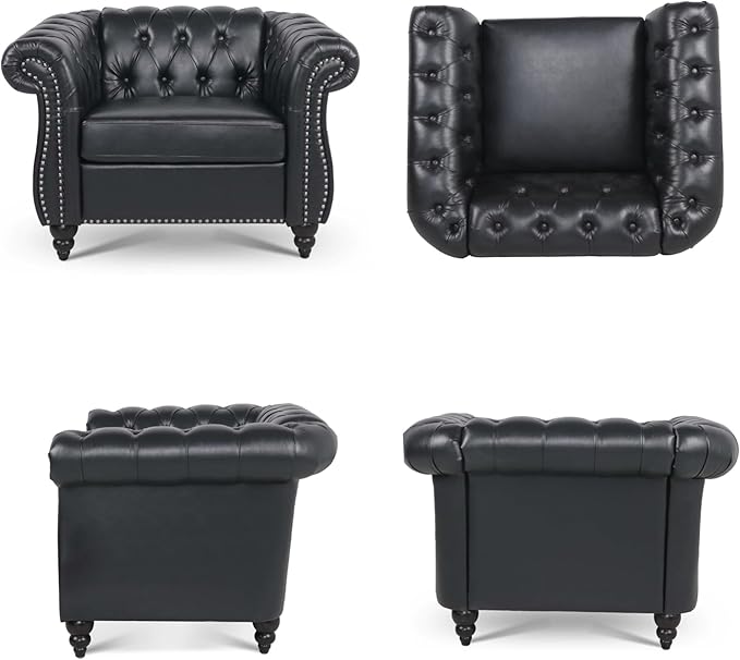 Accent Sofa Chair for Living Room, Modern PU Leather Upholstered Armchair, Oversized Comfy Single Sofa Chair with Cushion, Mid Century Tufted Chesterfield Sofa Couch for Bedroom, Apartment (Black)