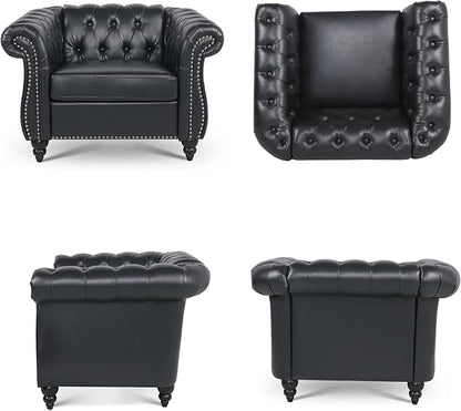 Accent Sofa Chair for Living Room, Modern PU Leather Upholstered Armchair, Oversized Comfy Single Sofa Chair with Cushion, Mid Century Tufted Chesterfield Sofa Couch for Bedroom, Apartment (Black)