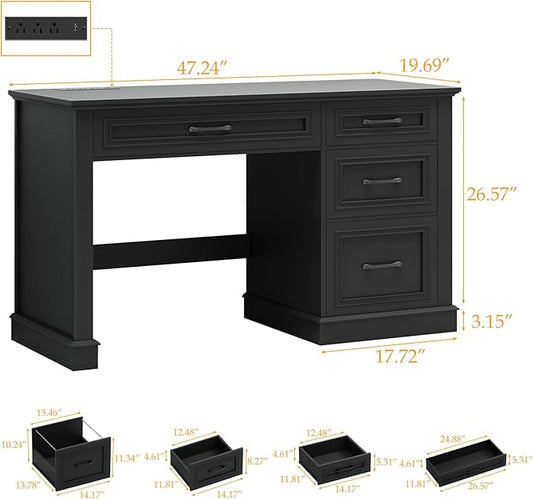 Farmhouse 47" Executive Desk, Computer Desk with Drawers and File Drawer, Workstation Computer Desk with Charging Station for Home Office, Study,Pure Black.