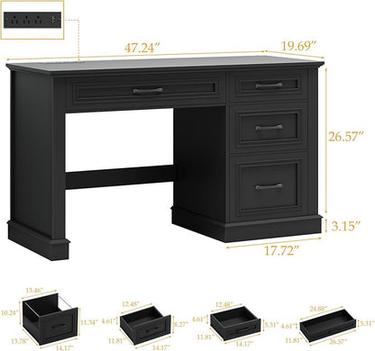 Farmhouse 47" Executive Desk, Computer Desk with Drawers and File Drawer, Workstation Computer Desk with Charging Station for Home Office, Study,(Pure Black)