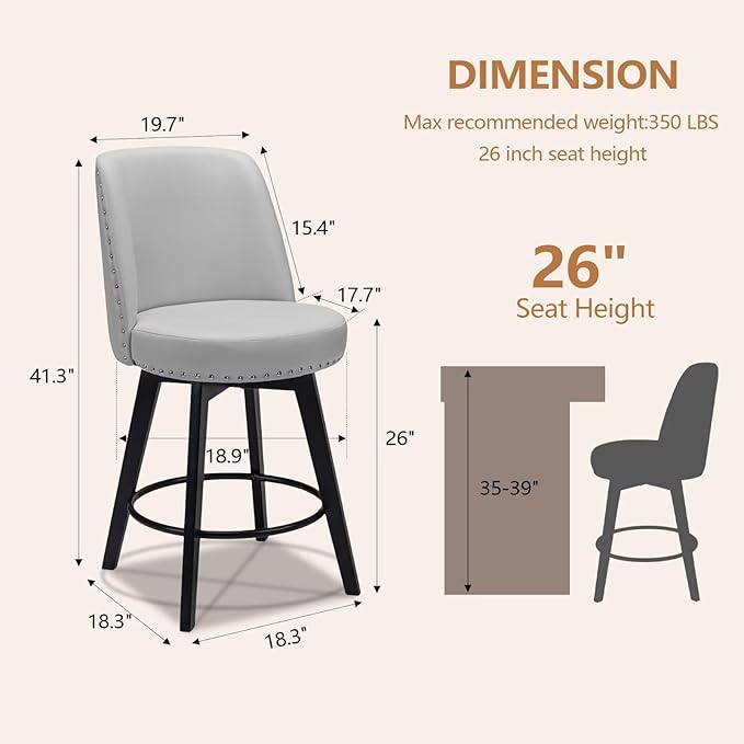 MINCETA Bar Stools Set of 2, PU Leather Barstools, 26 Inch Upholstered Counter Stools with High Back and Footrest, Swivel Counter Height Barstools for Kitchen Island Home Bar Light Gray