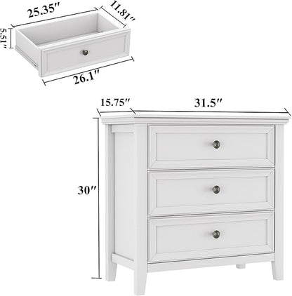 Farmhouse White 3-Drawer Dresser for Bedroom - 31.5" Wide 3 Chest of Drawers Storage Organizer Cabinet as Nightstand or Bedside Dresser