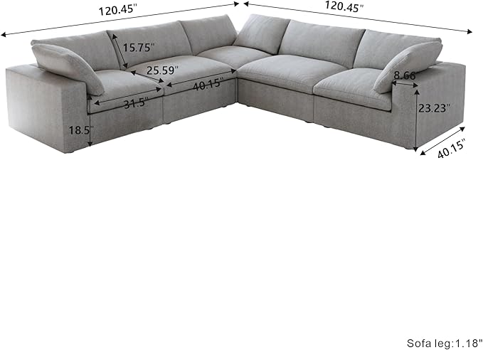 Cloud Modular Sectional Sofa for Livingroom,Large Down Filled Comfort Corner Sectional Sofa Couch Wide Deep Seat Convertible Couches for Office Apartment,V Shaped,Grey