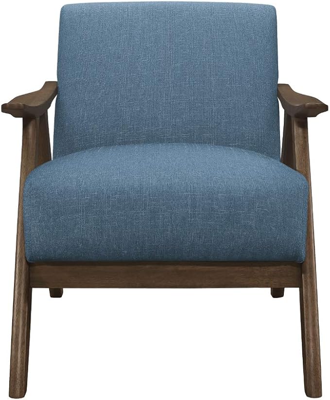Lexicon Mid Century Modern Accent Chair with Solid Wood Frame in Walnut Finish, Upholstered Living Room Lounge Arm Chair, Thick and Comfy Innerspring Seat Cushion, Linen-Look Fabric, Blue
