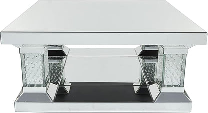 Deco 79 Wood Mirrored Coffee Table with Crystal Embellishments, 39" x 39" x 18", Silver