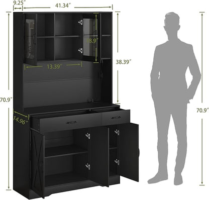 71" Kitchen Pantry Cabinet: Hutch Cabinet with Glass Doors, Pantry Cabinets with Drawers, Adjustable Shelves, LED Light & Power Outlets for Kitchen, Living Room, Dining Room (Black)