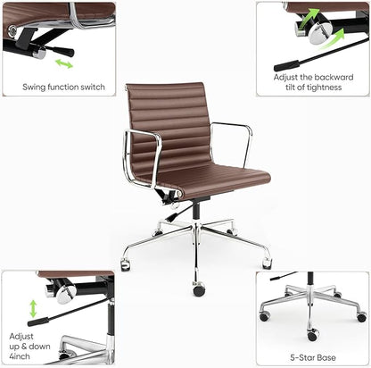 Ribbed Office Chair with Top Grain Leather - Mid Back Ergonomic Desk Chair with Aluminum Arm Rest and 5-Star Base, Swivel Chair Brown