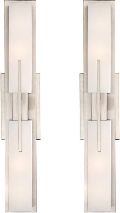 Possini Euro Design Midtown Modern Wall Lights Set of 2 Satin Nickel Silver Metal Hardwired 4 1/2" Fixture White Glass Shade for Bedroom Bathroom Vanity Living Room Home Hallway Dining Kitchen