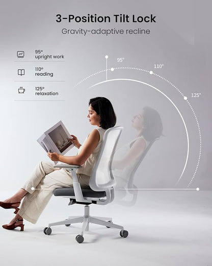 ProtoArc Ergonomic Office Chair - Flexer Desk Chair with Foam Cushion Sliding Seat, Advanced Airflow Mesh, Adjustable Armrest, Swivel Computer Chairs for Home Office - White