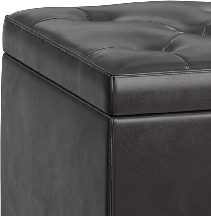 SIMPLIHOME Hamilton 44 inch Wide Traditional Rectangle Lift Top Rectangular Storage Ottoman in Tanners Brown Vegan Faux Leather, Assembled, For the Living Room, Entryway and Family Room