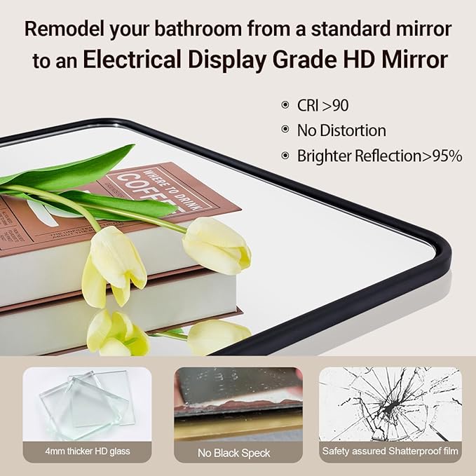 ANDY STAR Black Bathroom Mirror, 30x36 Inch Rounded Rectangle Mirror for Bathroom, Modern Tube Metal Framed Rectangular Mirror for Vanity, Contemporary Wall-Mounted Mirror with Explosion-Proof Film