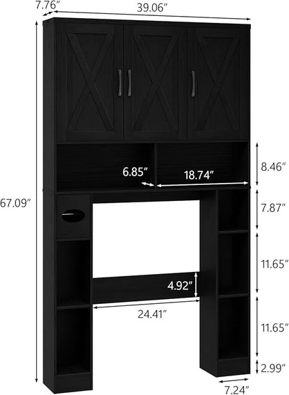 Over The Toilet Storage Cabinet, Farmhouse Toilet Cabinet Rack with 3 Barn Doors, Space Saving Bathroom Organizer with Shelves, Toilet Paper Holder and Towel Rack for Bathroom,Restroom,Pure Black