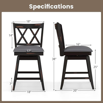 COSTWAY Bar Stool Set of 4 for Kitchen Island, 25" Counter Height Chair with Ergonomic Backrest, Foot Rest, Waterproof PVC Surface & Solid Wood Structure, 360°Swivel Farmhouse Barstool with Back
