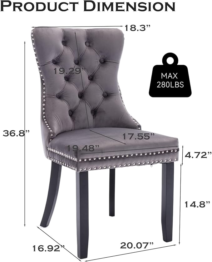 Velvet Upholstered Dining Chairs Set of 6, Modern Style Kitchen Side Chairs with Nailhead Trim and Wood Legs,Metal Pulling Ring for Dining Room Living Room(Grey,Set of 6)