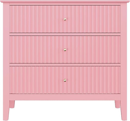 RoyalCraft Fluted 32 inch Wide Nightstand for Bedroom, Large Pink Nightstand with 3 Drawer, Modern End Table, Wood Beside Table for Home and Office