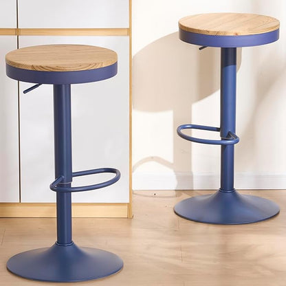 Kidol & Shellder Bar Stools Set of 6 Round Adjustable Swivel Barstools Modern Backless Bar Chairs Wooden Seat Counter Height Stools Armless for Kitchen Island, Cafe, Dining Room Blue