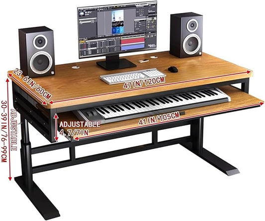 Studio Desk with Keyboard Tray | Hand-Crank Adjustable Standing Desk Workstation for Music Production, Cable Management, MIDI Keyboard Shelf (Natural, 55In)