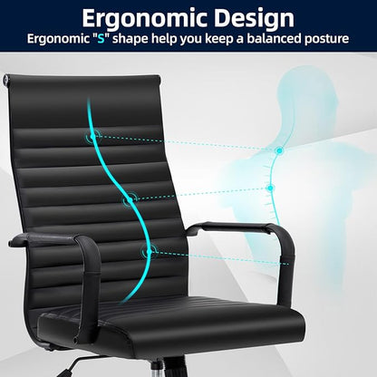 Conference Room Chairs, Ergonomic Executive Office Chair, Ribbed Leather Desk Chair with Lumbar Support, Adjustable Height Mid-Back Swivel Chair with Padded Seat