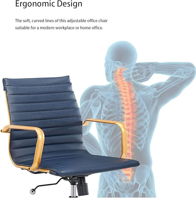 COROCC Office Desk Chair Modern Conference Room Task Chairs Leather Computer Swivel Excutive Ribbed Ergonomic Rolling Gold Desk Chair for Home Office