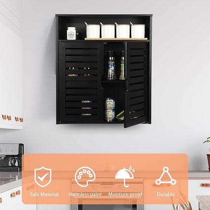 HYNAWIN Wall-Mounted Black Bathroom Cabinet with Double Doors, Bamboo Storage Shelf Organizer for Kitchen, Living Room, or Bathroom