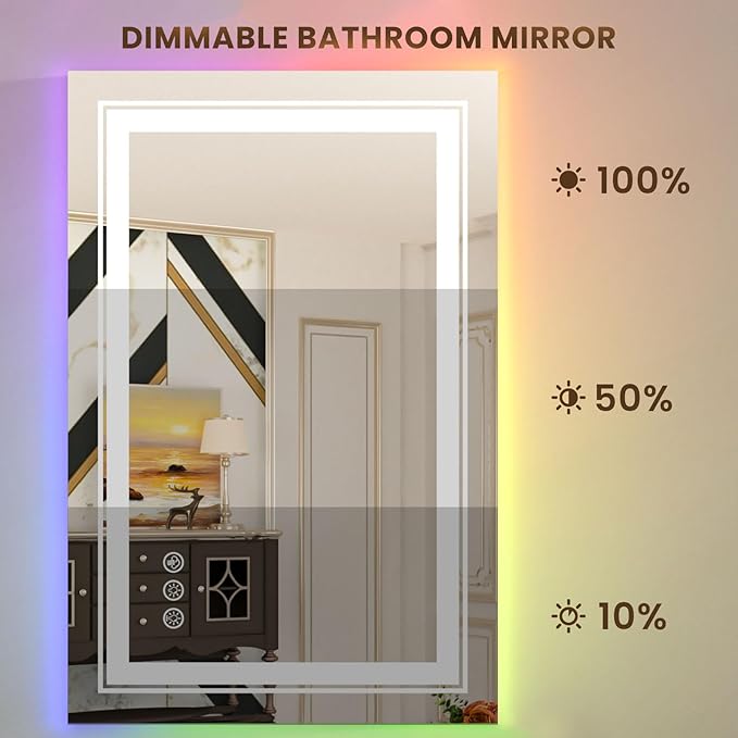 WTTY LED Bathroom Mirror 20"x28" with RGB Backlit and 3 Front Light,Stepless Dimmable LED Mirror for Bathroom,Lighted Bathroom Vanity Mirror for Wall,Anti-Fog,Memory Function,Shatter-Proof