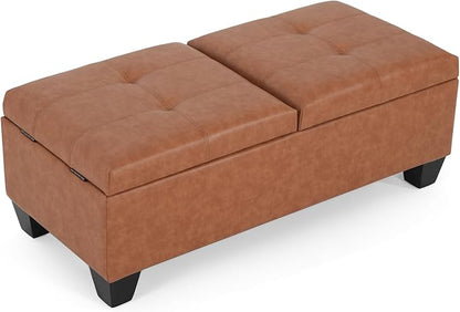 Christopher Knight Home Lanister Faux Leather Upholstered Storage Ottoman Bench, Wooden Rectangular Ottoman with Storage, Living Room Ottoman Coffee Table, Sofa Footstool, Tan Brown