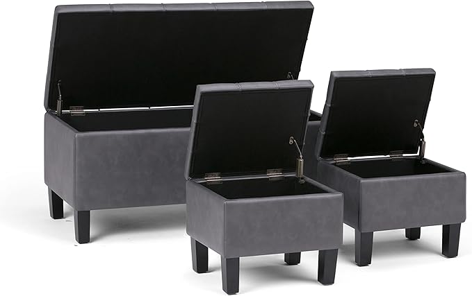 SIMPLIHOME Dover 44 inch Wide Contemporary Rectangle 3 Pc Storage Ottoman in Stone Grey Vegan Faux Leather, Assembled, for the Living Room, Entryway and Family Room