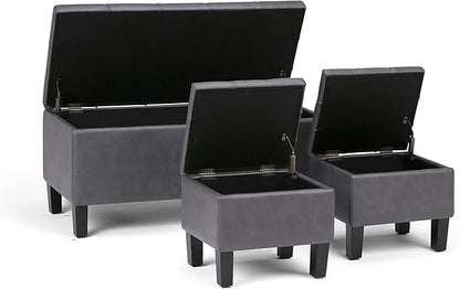 SIMPLIHOME Dover 44 inch Wide Contemporary Rectangle 3 Pc Storage Ottoman in Stone Grey Vegan Faux Leather, Assembled, for the Living Room, Entryway and Family Room