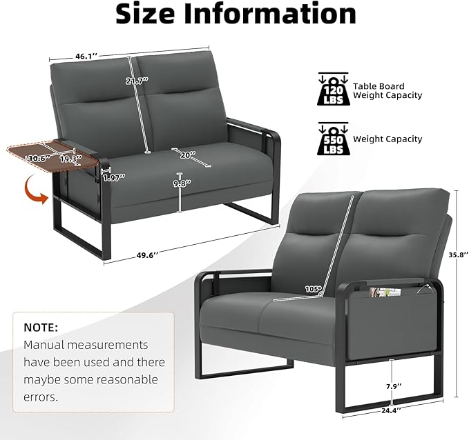Faux Leather Loveseat, Upholstered Loveseat with Side Tray Table & Storage Pocket, Small Loveseat for Living Room, Modern 2 Seater Sofa Couch for Small Spaces, Bedroom, Gray