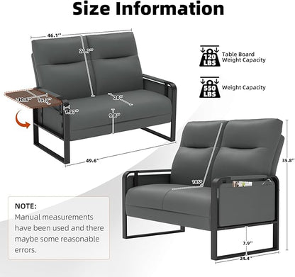Faux Leather Loveseat, Upholstered Loveseat with Side Tray Table & Storage Pocket, Small Loveseat for Living Room, Modern 2 Seater Sofa Couch for Small Spaces, Bedroom, Gray