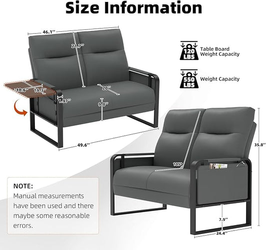 Faux Leather Loveseat, Upholstered Loveseat with Side Tray Table & Storage Pocket, Small Loveseat for Living Room, Modern 2 Seater Sofa Couch for Small Spaces, Bedroom, Gray