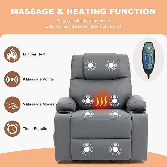 Power Lift Recliner Chair for Elderly, Electric Stand Assist Reclining Chair with Massage and Heat Function, Leather Living Room Furniture, Comfy Single Sofa with Cup Holders, Side Pockets, Gray