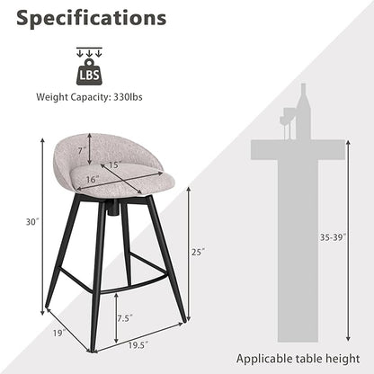 COSTWAY Bar Stools Set of 2, 25" Upholstered Counter Height 360° Swivel Bar Stools w/Backrest & Footrest, Heavy-Duty Metal Frame Armless Breakfast Chairs for Kitchen, Living Room (Set of 2,Grey)