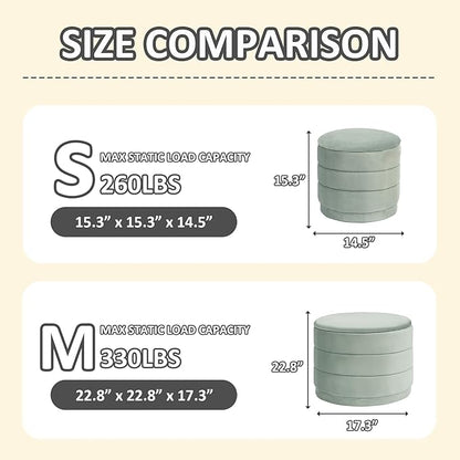 PINPLUS Large Round Velvet Storage Ottoman, Sage Upholstered Footstool with Hidden Storage, Sturdy Coffee Table Ottoman for Living Room & Bedroom
