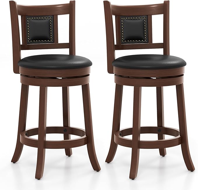 COSTWAY Bar Stool Set of 2, 25.5” Swivel Upholstered Counter Height Bar Stool with Curved Backrest & Cushioned Seat, Solid Rubber Wood Legs & Resting Footrest, for Kitchen Island (2, 25.5”)