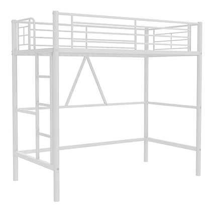 VECELO Metal Loft Bed Twin Size, Heavy Duty Bedframe with Removable Ladder and Safety Guardrail, Space-Saving, Noise Free, No Box Spring Needed, White
