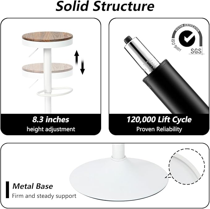 Kidol & Shellder Bar Stools Set of 4 Round Adjustable Swivel Barstools Modern Backless Bar Chairs Wooden Seat Counter Height Stools Armless for Kitchen Island, Cafe, Dining Room White