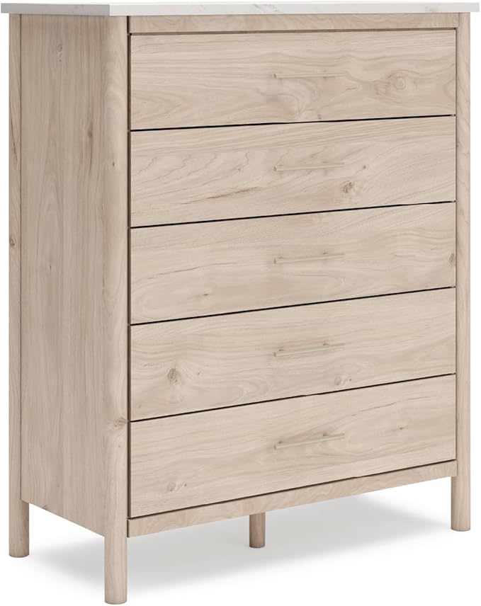 Signature Design by Ashley Cadmori Bohemian 5-Drawer Chest of Drawers with Safety Stop and Post Legs, White & Light Brown