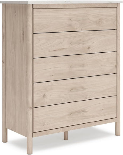 Signature Design by Ashley Cadmori Bohemian 5-Drawer Chest of Drawers with Safety Stop and Post Legs, White & Light Brown