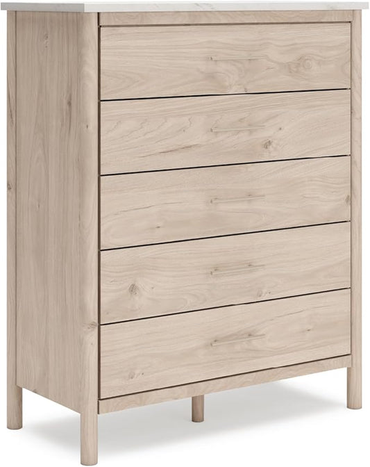 Signature Design by Ashley Cadmori Bohemian 5-Drawer Chest of Drawers with Safety Stop and Post Legs, White & Light Brown