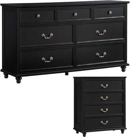 Bedroom Sets, 54" Wide 7 Drawers Dresser and 37" Tall 4 Drawers Dresser, Wooden 2 Piece Bedroom Furniture Set, Chest of Drawer for Bedroom, Home, Living Room, Hallway, Black