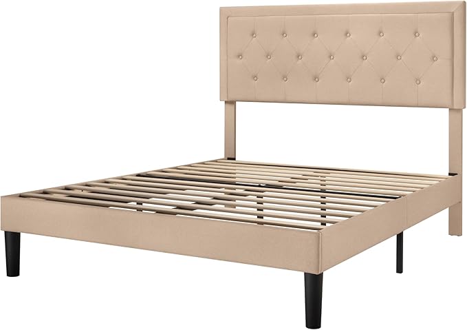Allewie Full Size Button Tufted/Fabric Upholstered Bed Frame with Adjustable Headboard/Wood Slat Support/Mattress Foundation/Beige
