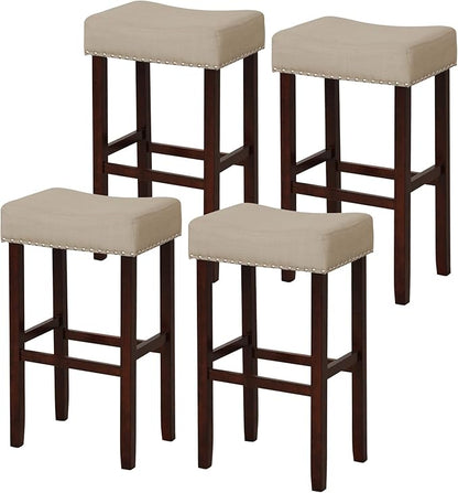 COSTWAY Set of 4 Bar Stools, 29.5-inch Backless Saddle Stools with Nailhead Trim, Rubber Wood Frame, Footrest, Max Load 330 lbs, Upholstered Barstools for Kitchen Island Pub, Beige