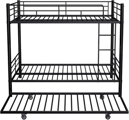 Full Over Full Bunk Bed with Trundle, Heavy Duty Metal Bed Frame with Full-Length Guardrails & Ladder, 3-in-1 Convertible Full Bunk Bed, Noise-Free, No Box Spring Needed, Black