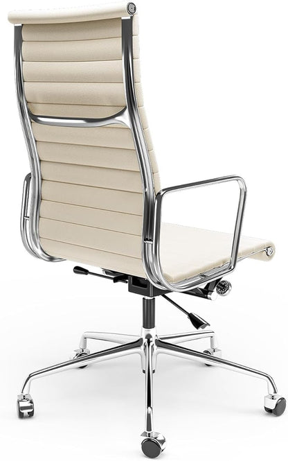 High Back Genuine Leather Ribbed Office Chair-Ergonomic Desk Chair with Aluminum Alloy Armrest & Frame, Swivel Silent Wheels & Tilt Function, Adjustable Height