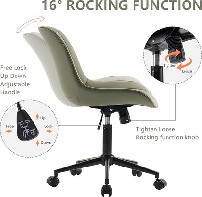 YOUNIKE Olive Green Comfy Home Office Desk Chair Small Vanity Chair with Wheels Swivel Adjustable Modern Task Chair with High Back Armless Cute Faux Leather Upholstered Rolling Sewing Chair Compact