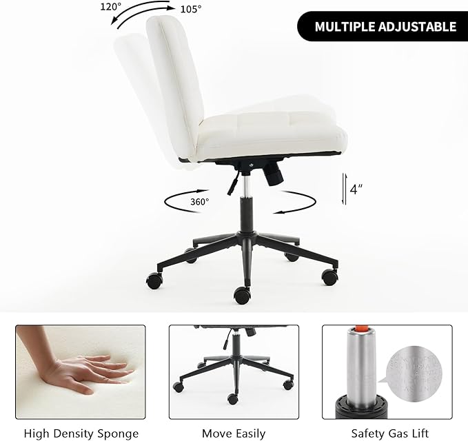 Furnimart Criss Cross Desk Char Wide Seat with Wheels, 360° Swivel Cross Legged Desk Chair Thick Cushion, Comfy Armless Home Office Chair for Bedroom, Vanity, Sturdy (Faux Leather White)