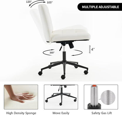 Furnimart Criss Cross Desk Char Wide Seat with Wheels, 360° Swivel Cross Legged Desk Chair Thick Cushion, Comfy Armless Home Office Chair for Bedroom, Vanity, Sturdy (Faux Leather White)
